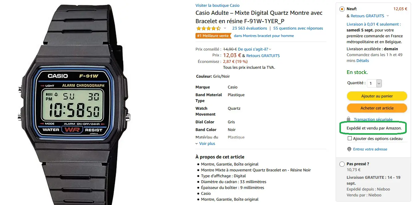 casio f91-w originale sur Amazon